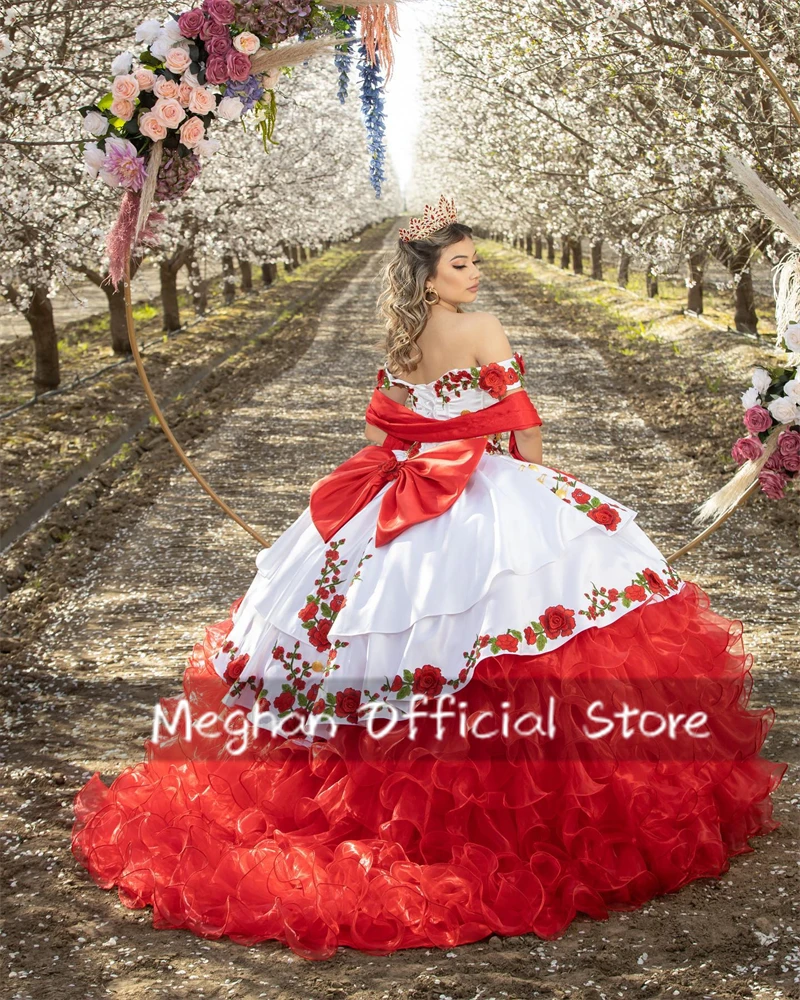 

Mexico Red Off The Shoulder Bow Quinceanera Dresses Ball Gown Bead Embroidery 2024 Birthday Luxury Dress Tiered Ruffles Gown
