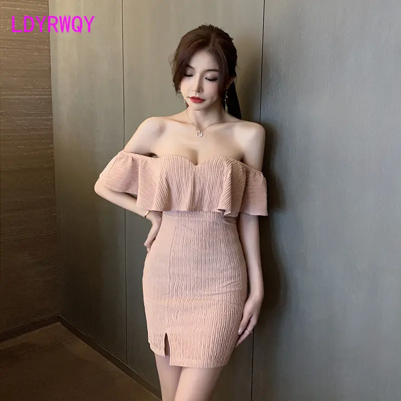 

A word neck bare shoulder sexy breast bag hip dress peplum trim slim night technician work clothes