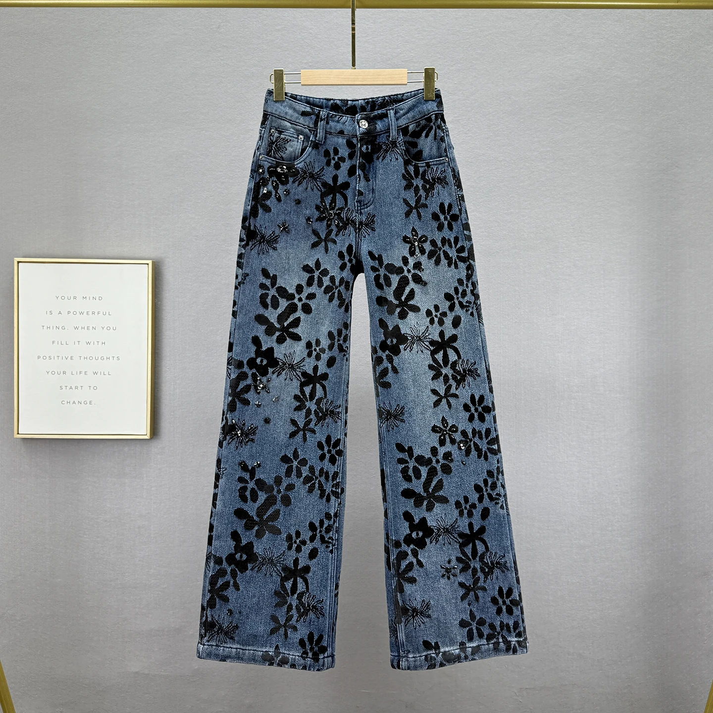 

Женские джинсовые широкие брюки на флисовой подкладке, новинка зимы 2025 года, джинсы длиной до пола с высокой талией в стиле ретро, вышитые стразами