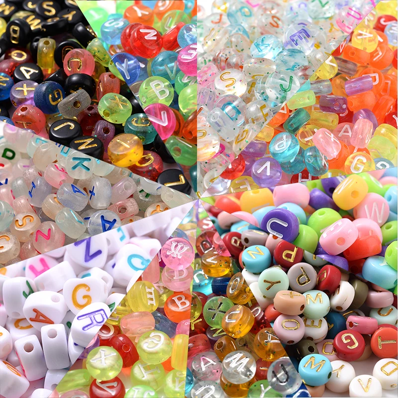 100Pcs Mixed Color Acrylic Bead Charm Oblate Transparent Letter Spacer Bead For DIY Jewelry Making Handwork Necklace Bracelet