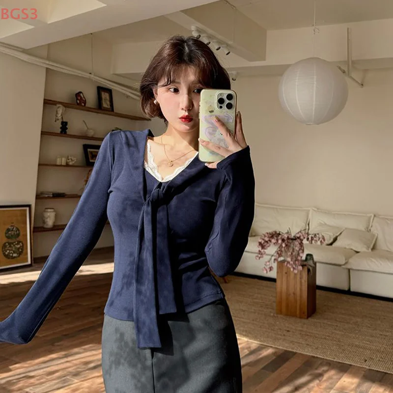 Dames vroege herfst trui met lange mouwen Casual chique V-hals met vetersluiting