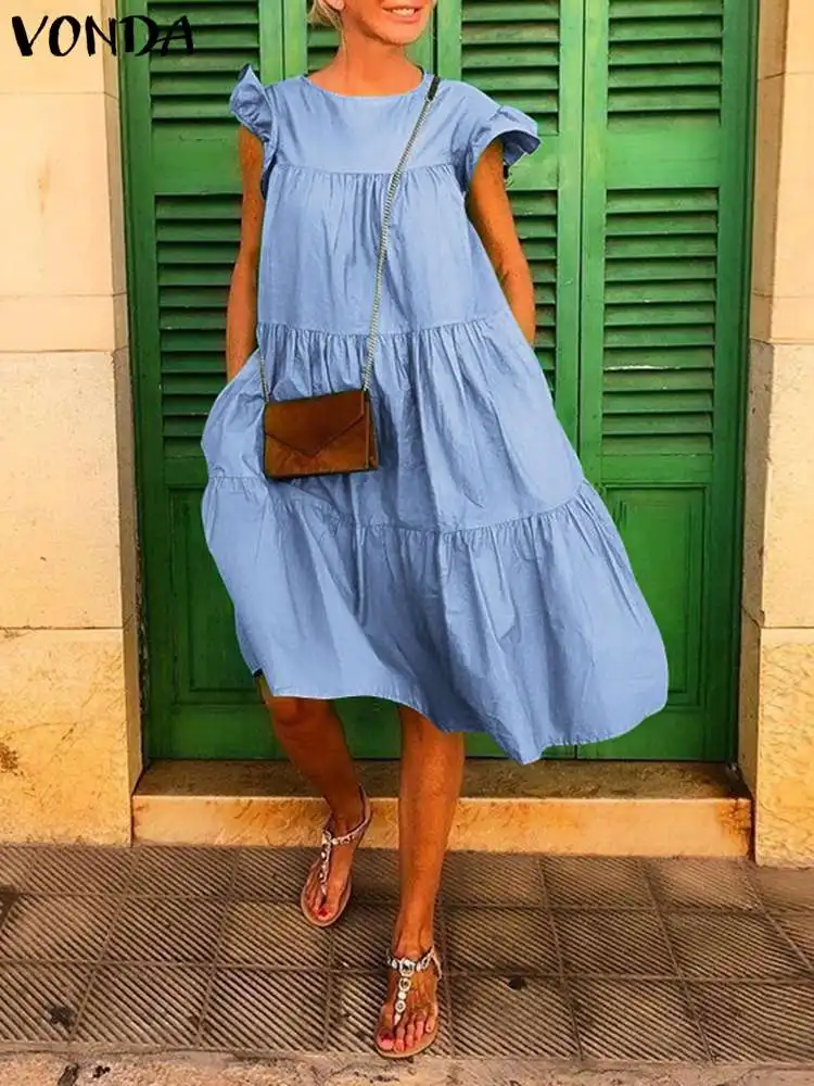 VONDA Summer Dress 2024 Women Elegant Long Shirt Dress Casual Sundress Solid Ruffled Midi Vestido Cotton Loose Beach Robe