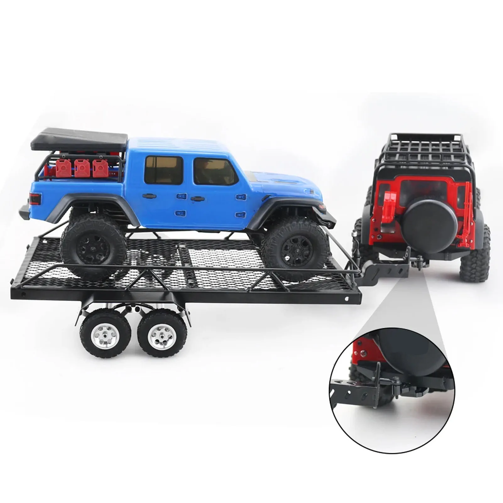 Metal Flatbed Trailer with Hook Hitch Heavy Duty High Stability RC Dual Axles Metal Flatbed Trailer Kit for RC Crawler