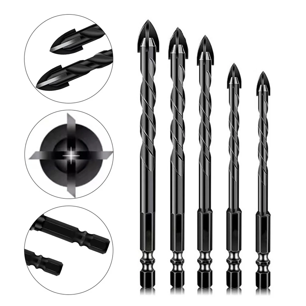 

5 шт. 4-лезвийные твердосплавные сверла с шестигранным хвостовиком и крестообразной головкой, сверло для плитки для стеклянных кирпичей, плитки, дерева, пластика, сверление отверстий