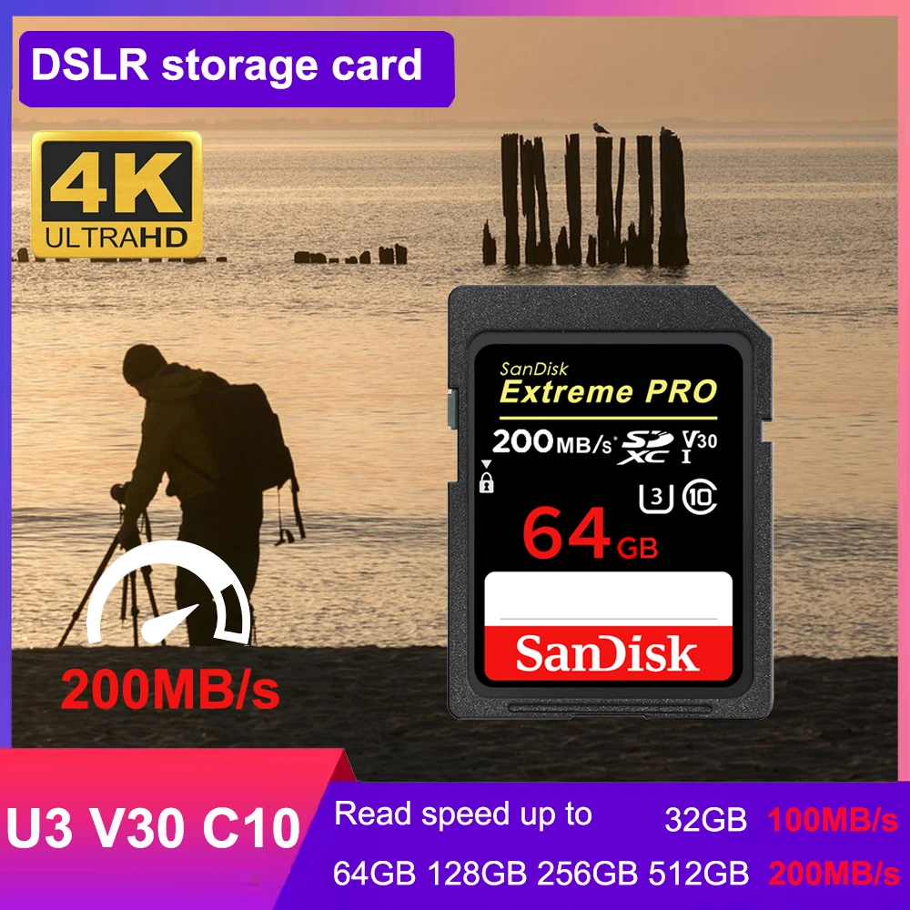 SanDisk Extreme PRO SD Card 32G 64G 128G 256G SDHC SDXC UHS-I C10 100M/s-200MB/s U3 Memory Card Support V30 4K for Camera/DV/SLR