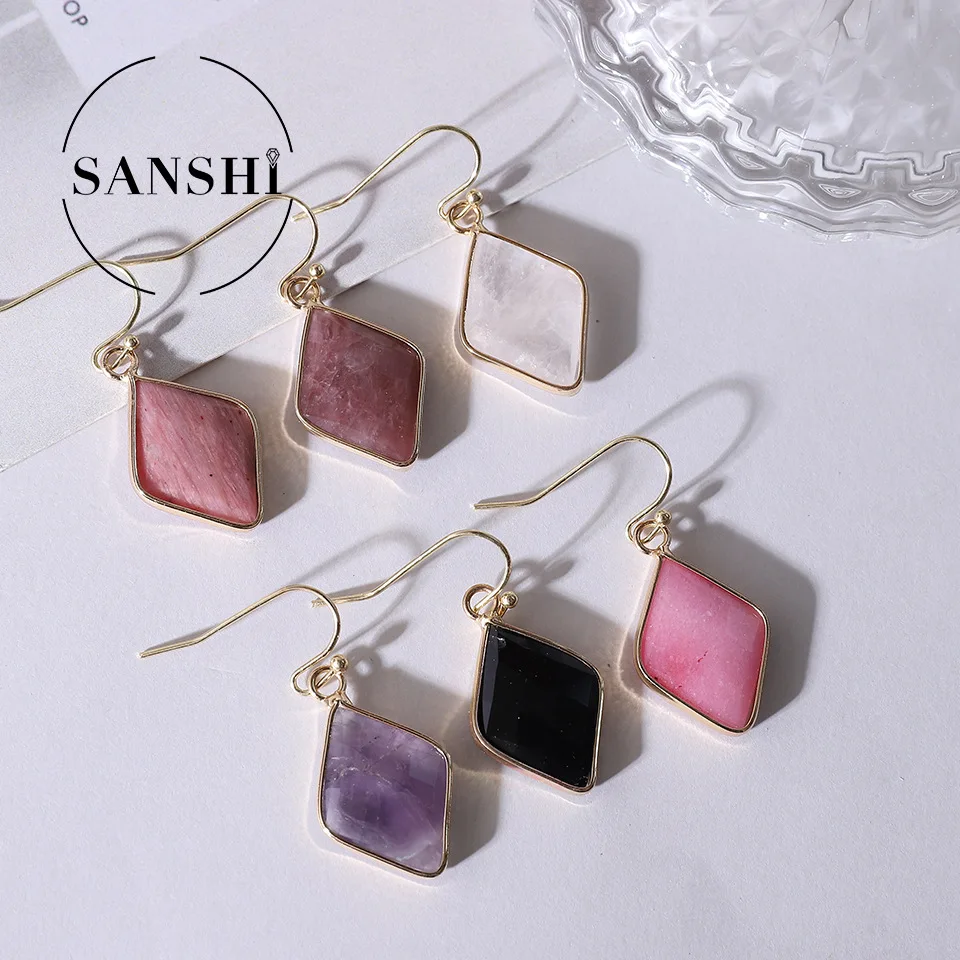 Female Luxury lozenge Stone Earrings Vintage Wedding Jewelry Natural Stone Hypoallergenic Earrings Party Accessories Wholesale