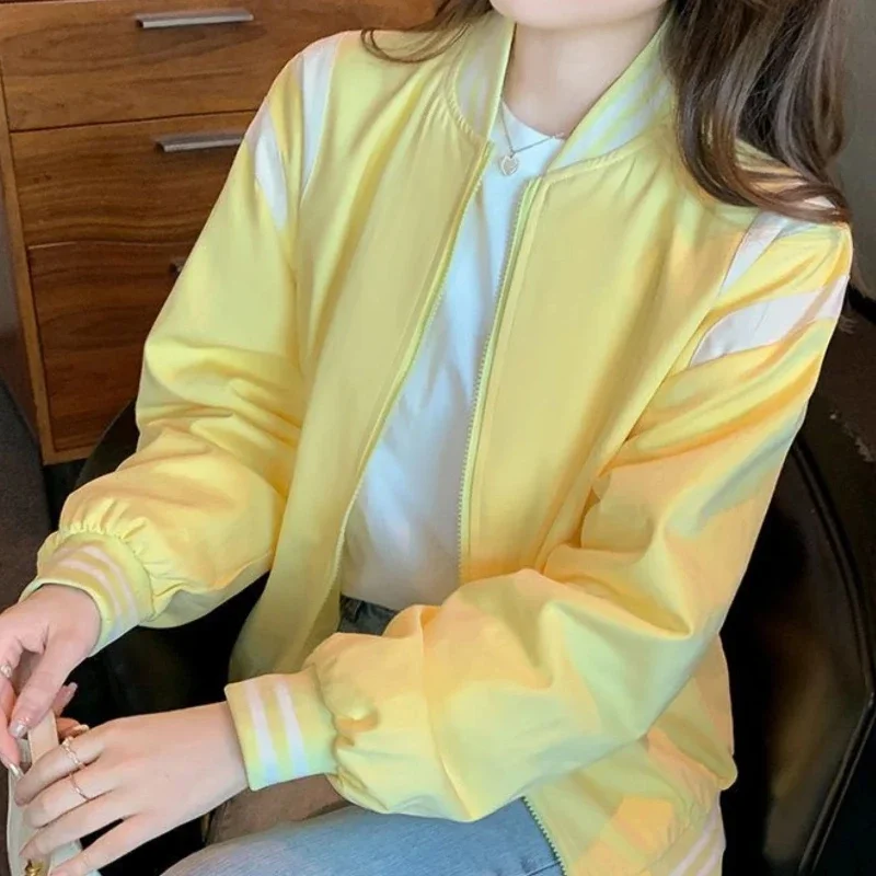 Women's Bomber Jackets Zip-up Female Baseball Aviator Coats Splicing Yellow Chic Youthful Long Sleeve Elegant 2025 Trend Deals