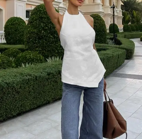

2025 Spring Summer New Sexy Backless Neck Tied Sleeveless Vest Top Fashionable Versatile Solid Color Simple Women's Clothing