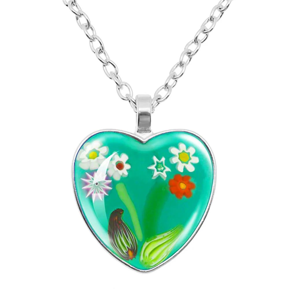 Murano Millefiori Heart Pendant Necklace MultiColour Flower Glass Cabochon Necklace Jewelry For Women Men Gift Wholesale