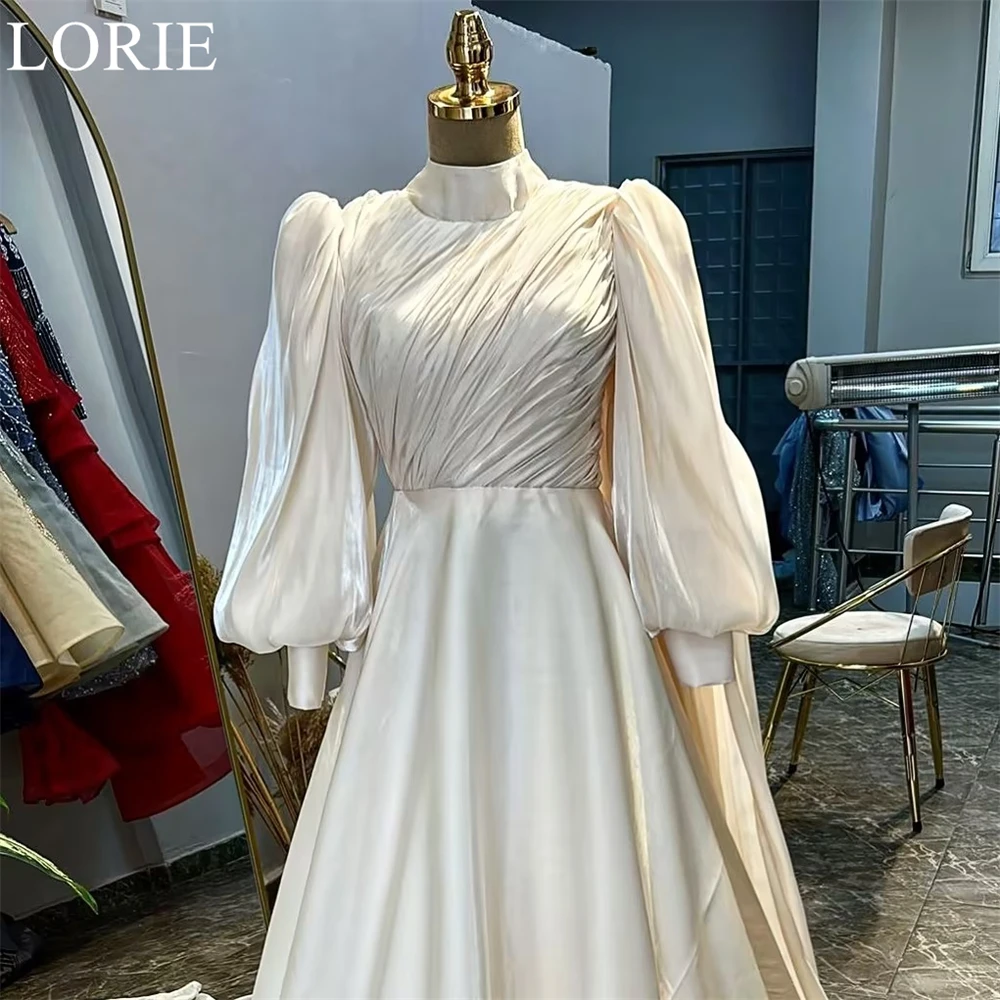 LORIE Elegant Ivory ซาตินชุดแต่งงานคอสูง A-Line แขนยาวเจียมเนื้อเจียมตัวเจ้าสาวชุดราตรีมุสลิมชุดเจ้าสาวที่กําหนดเอง