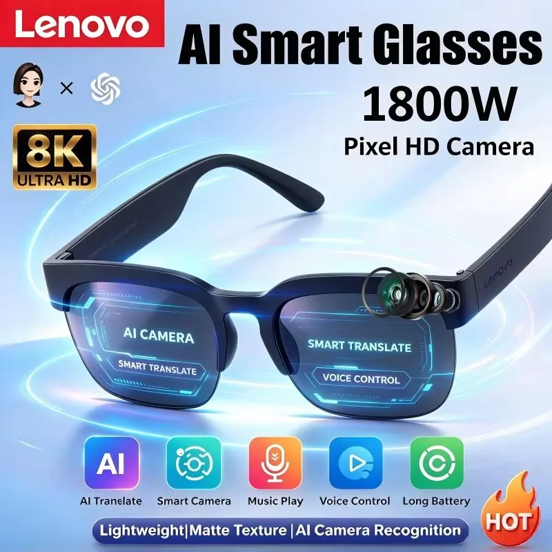 Lunettes intelligentes Lenovo, traduction IA, enregistrement de conversations Bluetooth, écoute de musique, lunettes de soleil intelligentes pour hommes et femmes, nouvelle collection 2027