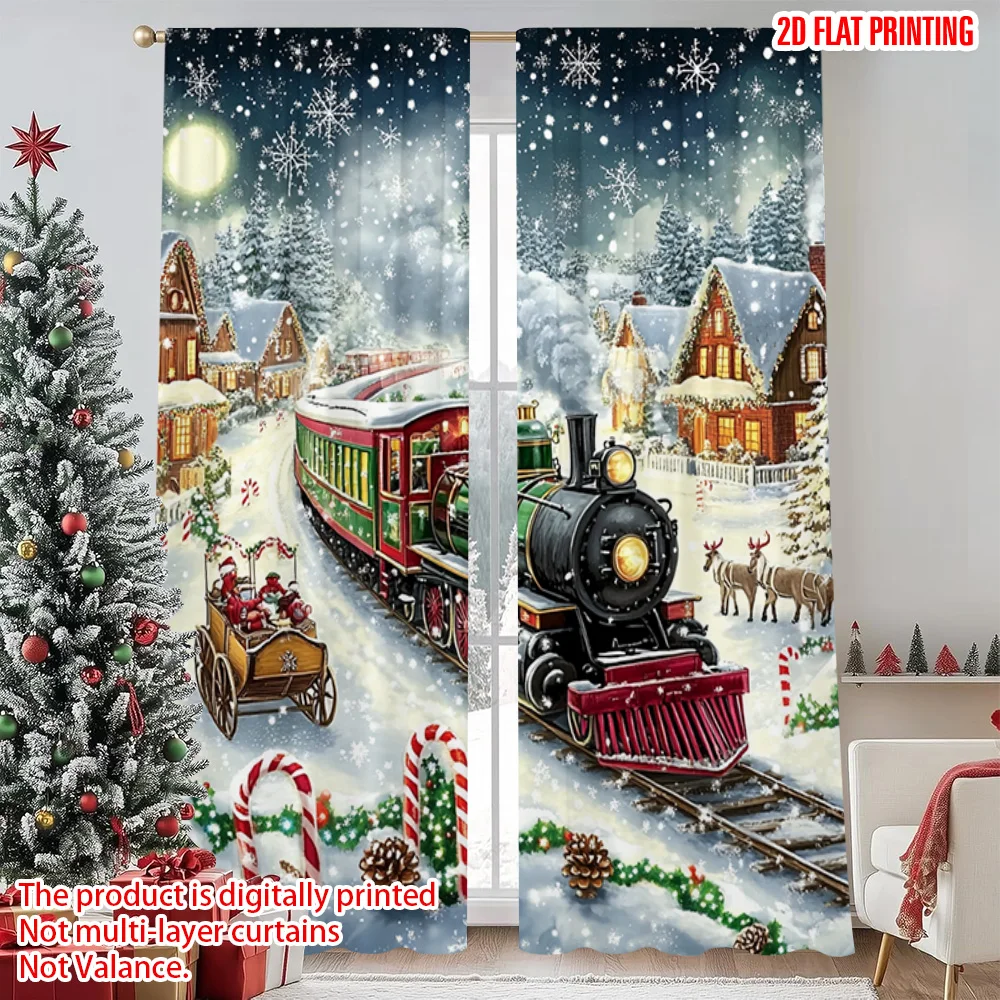 

2pcs 2D flat printing Merry Christmas Popular Party Window Curtains Christmas Winter Train Versatile Polyester Without