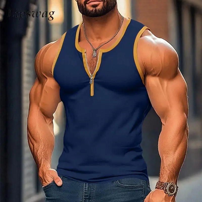 Vintage Kontrastfarben Herren Tanktops Sport Fitness Ärmellose Reißverschluss-Rundhals-Weste Hemd Herren Frühling Sommer Lässige Unterhemden