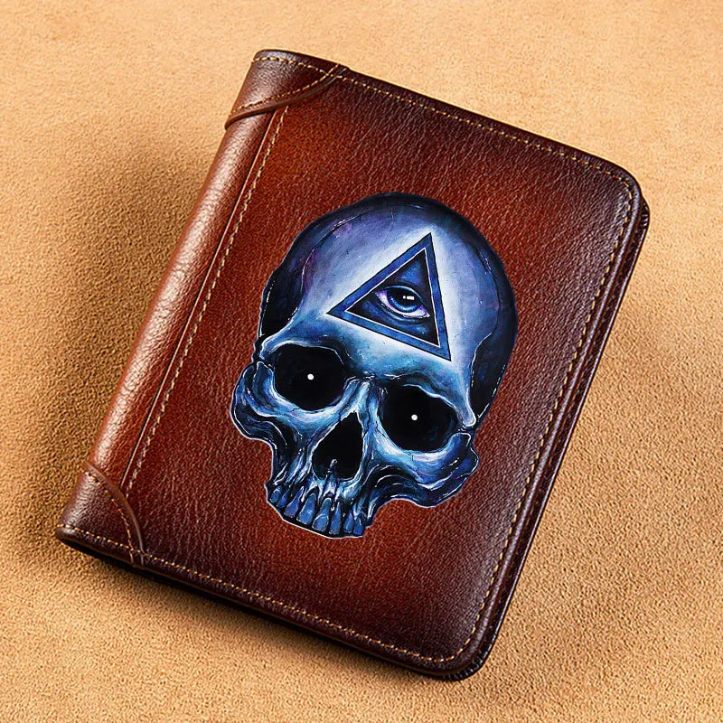 Vintage High Quality Genuine Leather Wallet Freemason Eye of God Skull Printing Standard Short Purse BK3521