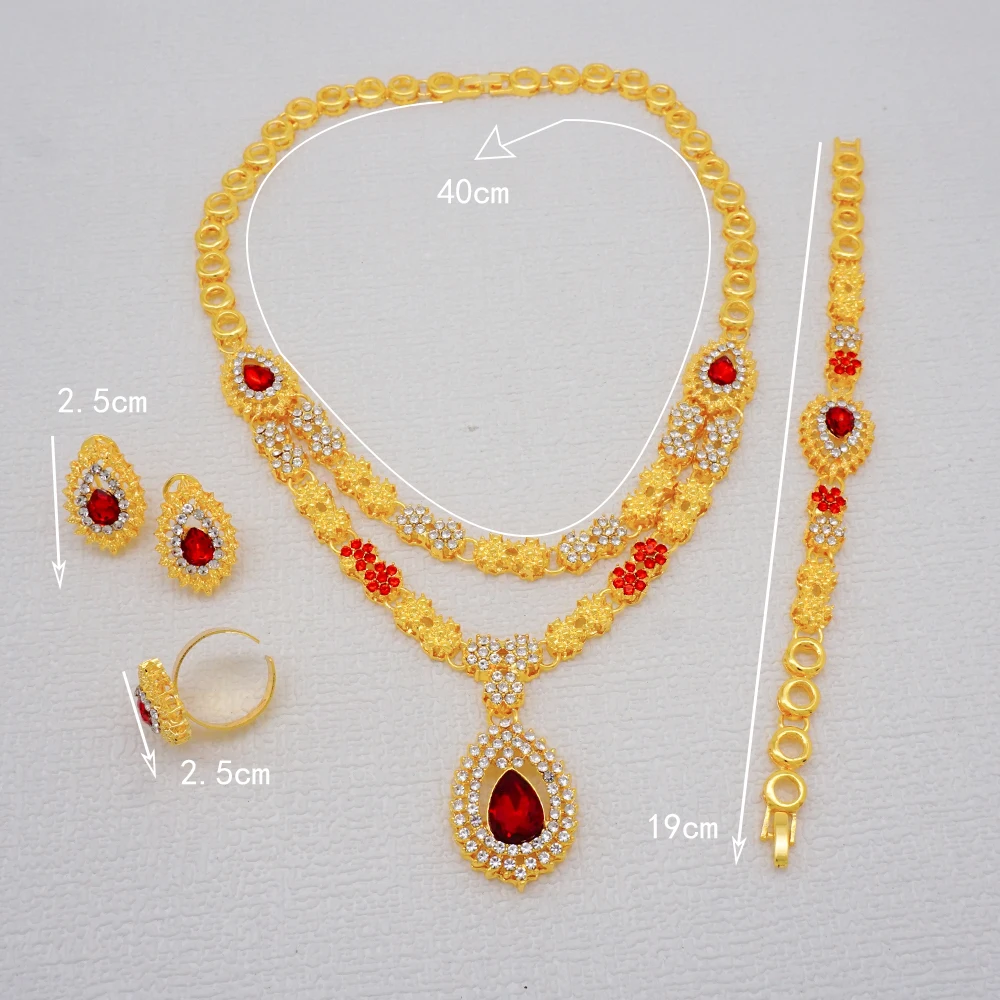 Luxury Dubai Gold Color Double Layered Necklace Jewelry Sets For Women African Water Drop Crystal Jewellery Indian Set Gifts