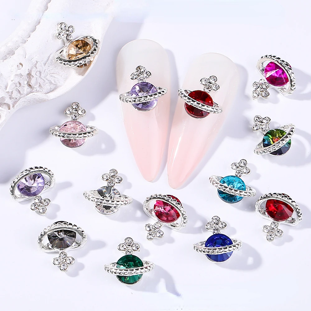 

10pcs Saturn Planet Nail Rhinestones 3d Cross Nail Charm Alloy Jewelry Gems Pink/White/Blue/Green Nails Art Manicure Decoration