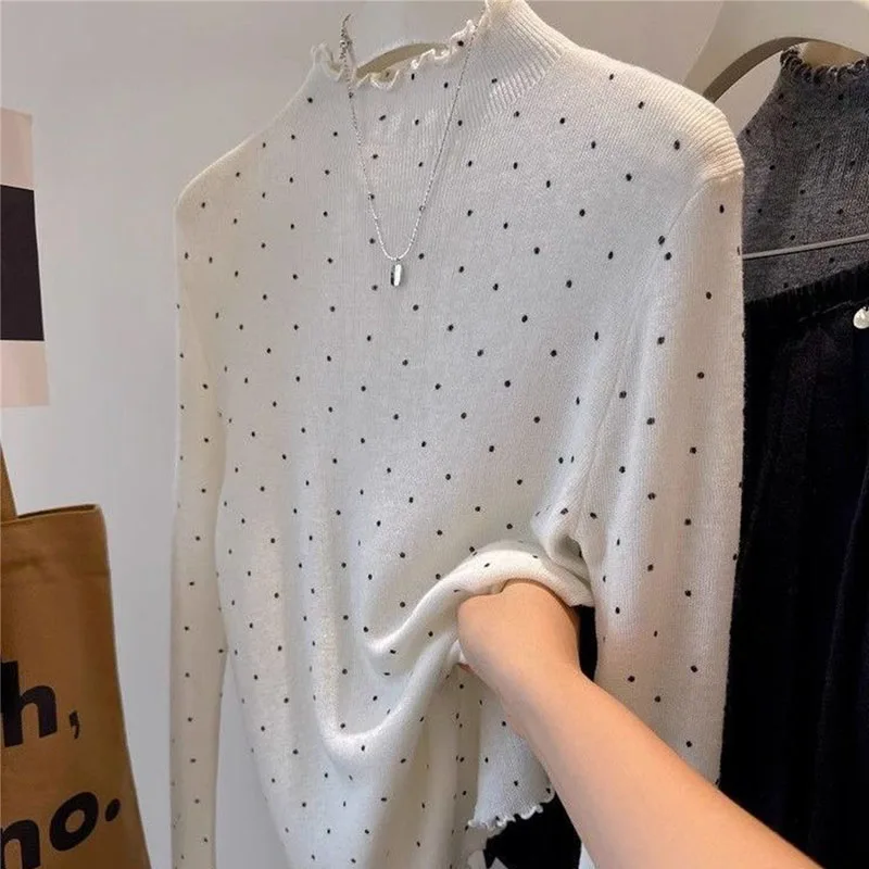 

Knitwears New Mock Neck Dot Knitted Sweater Women Pullovers Long Sleeve Knit Sweater Pullover Women Tops Sueters De Mujer Q3053