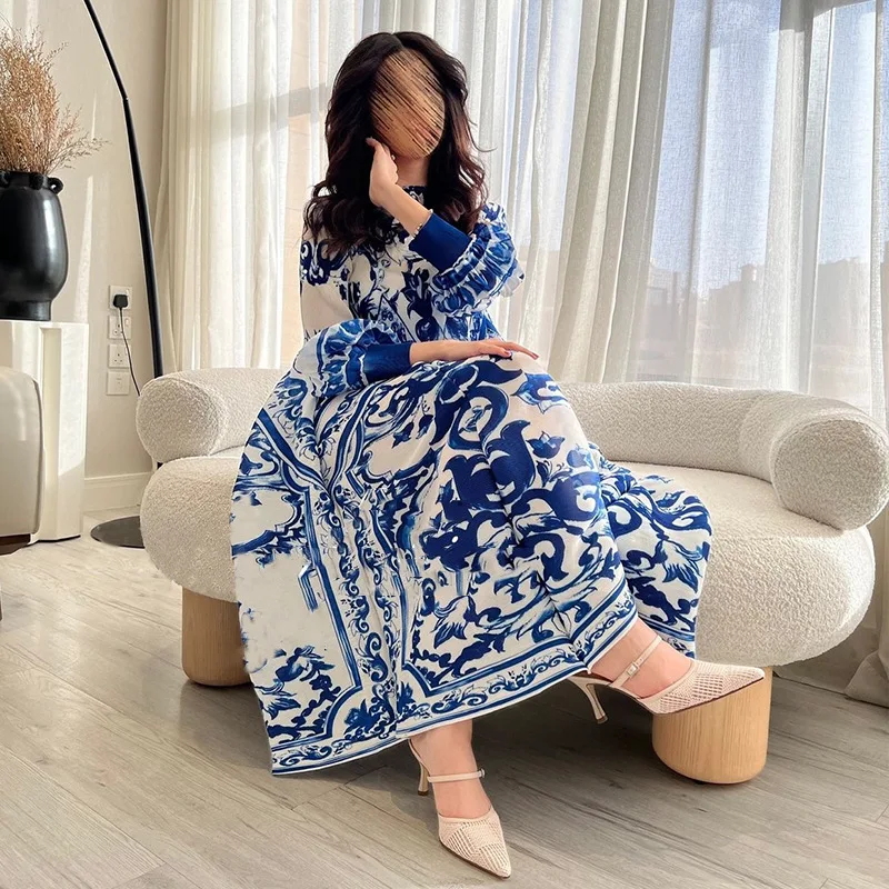 Summer Runway Blue and White Porcelain Long Dress Women O-Neck Flare Sleeve Floral Print Bohemian Side Split Loose Robe Vestidos