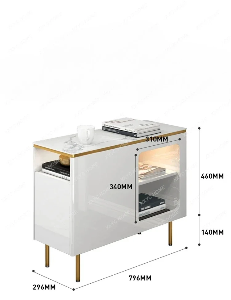 A Light Luxury Living Room Sofa Side Cabinet White Stone Plate Wireless Charging with Light Side Table Small Coffee Table