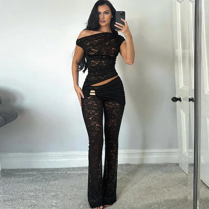 

Women's 2-piece Set Off Shoulder Sleeveless Crop Top High Waist Pants Sheer Lace Flared Leg Tank Top Women Sets Two Piece