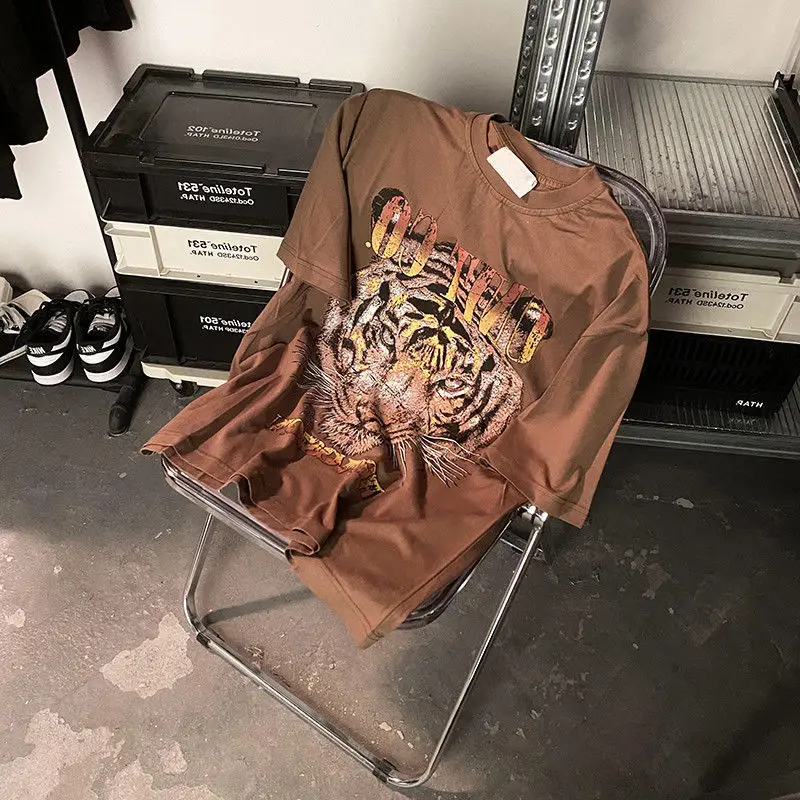 T-shirt à manches courtes imprimé graphique tigre pour femmes et hommes, Streetwear coréen surdimensionné, T-shirt esthétique pour dames, été