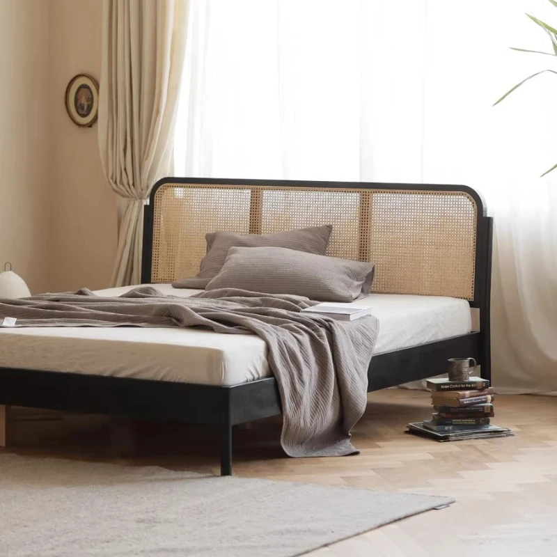 Nordic modern simple solid wood bed master bedroom 1.8 meters single double bed rattan oak cherry wood Japanese log bed