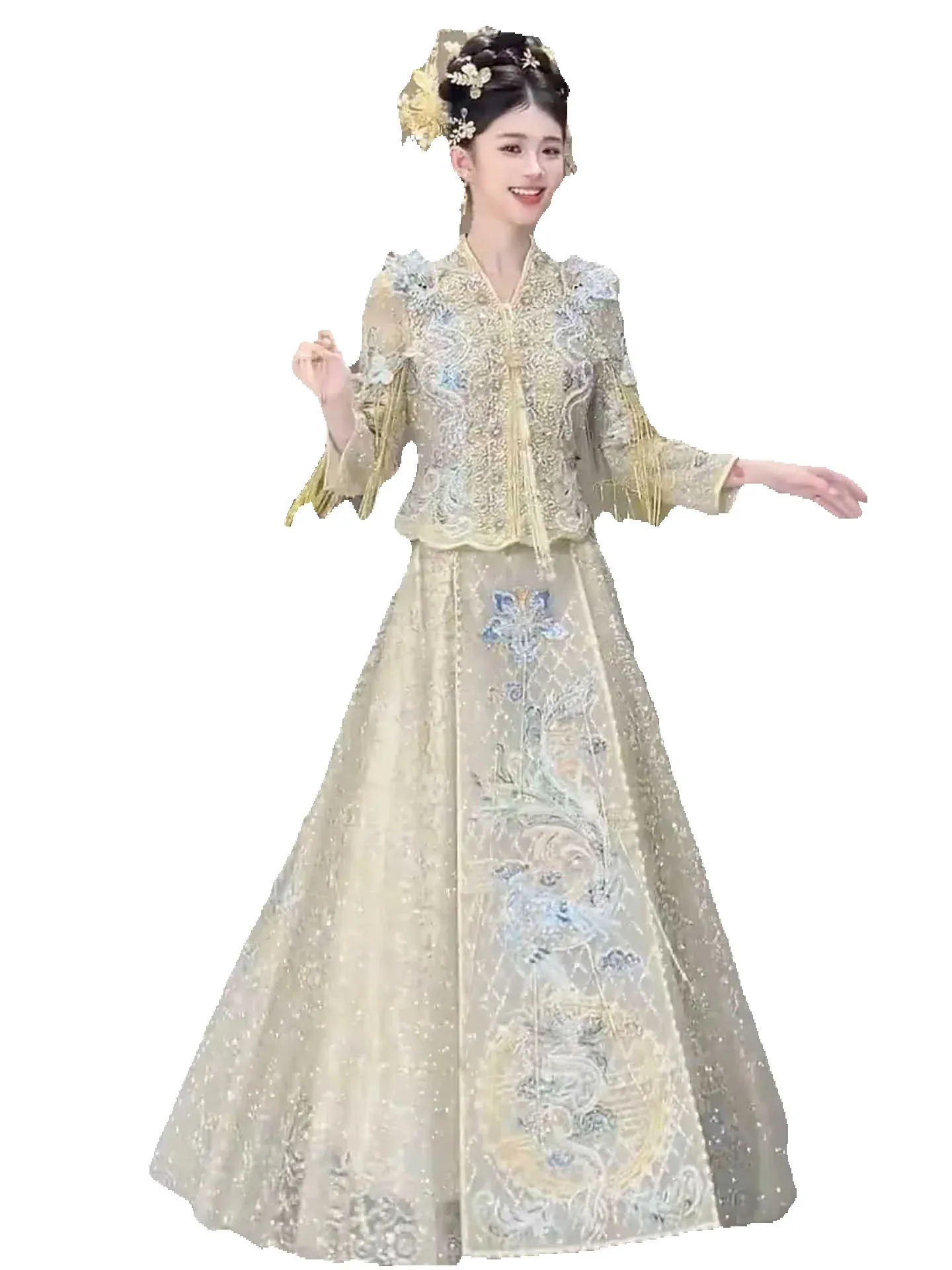 East Asian Champagne Blue Chinese Wedding Dress Gorgeous Embroidered Tops + Skirt Xiuhe Suit Cultural Classic Qipao Attire TP116