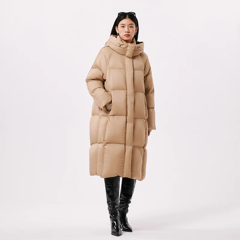 Chericom Knielange Donsjack Winter Capuchon Gewatteerd Blokontwerp Warme Lange Mouwen Dikke Losse Casual Vrouwelijke Jas Y299126Y