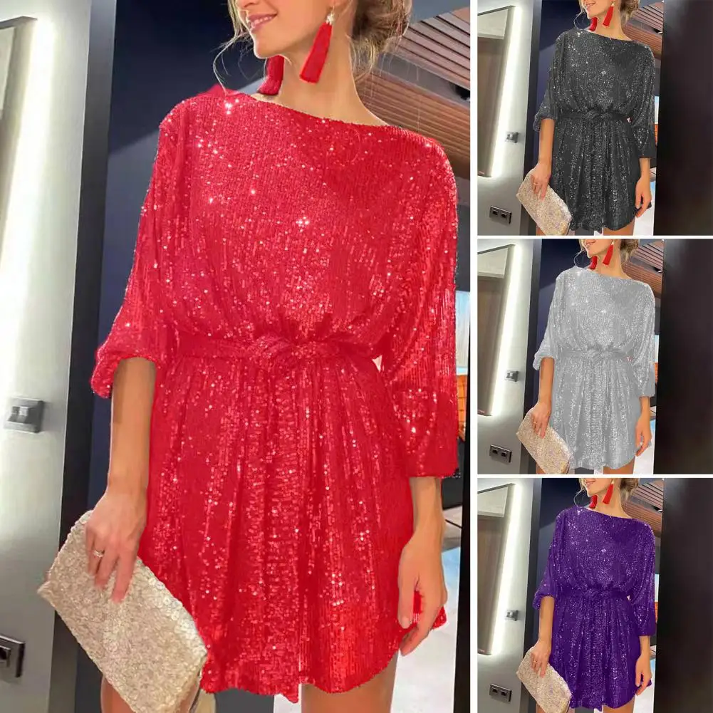 

Solid Color Dress for Women Soft Lightweight Dress Sequin Mini Dress for Women Solid Color Waist Long Sleeve Crew for Holiday