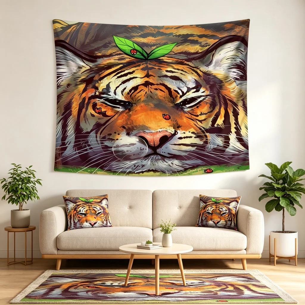 1PC Tiger Leaf Ladybug Illustration Print Backdrop Banner, Bedroom Living Room Photo Background, Polyester, Home Decor, Wall Art