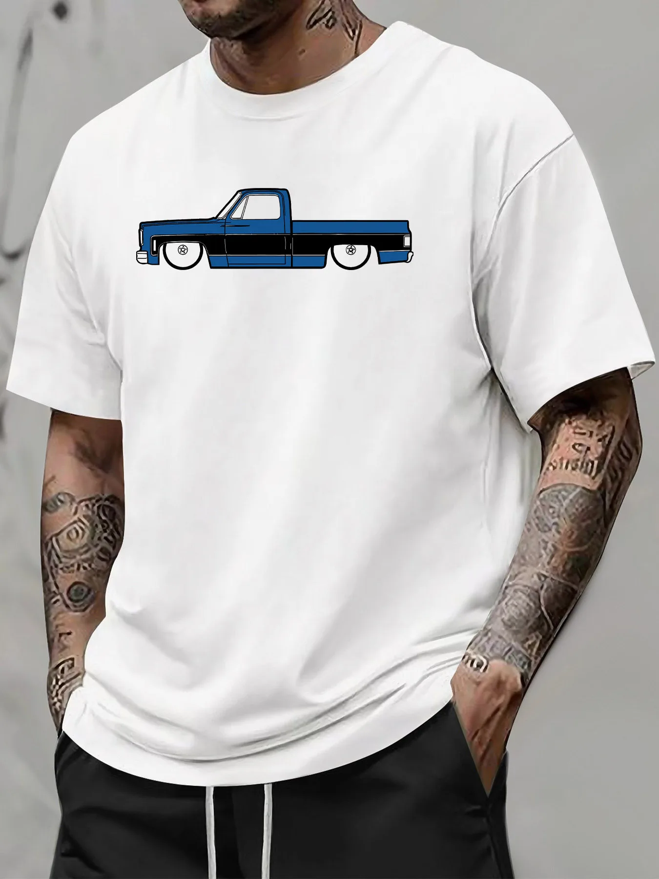 Blue and black pickup print American streetwear brand design sense graffiti letter print short-sleeved T-shirt