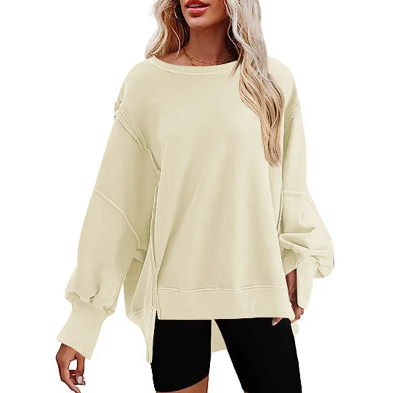 Women's Oversized round Neck Long Sleeve Sweatshirt Spring Autumn Fashion Casual Side Slit Comfortable Polyester Tracksuit