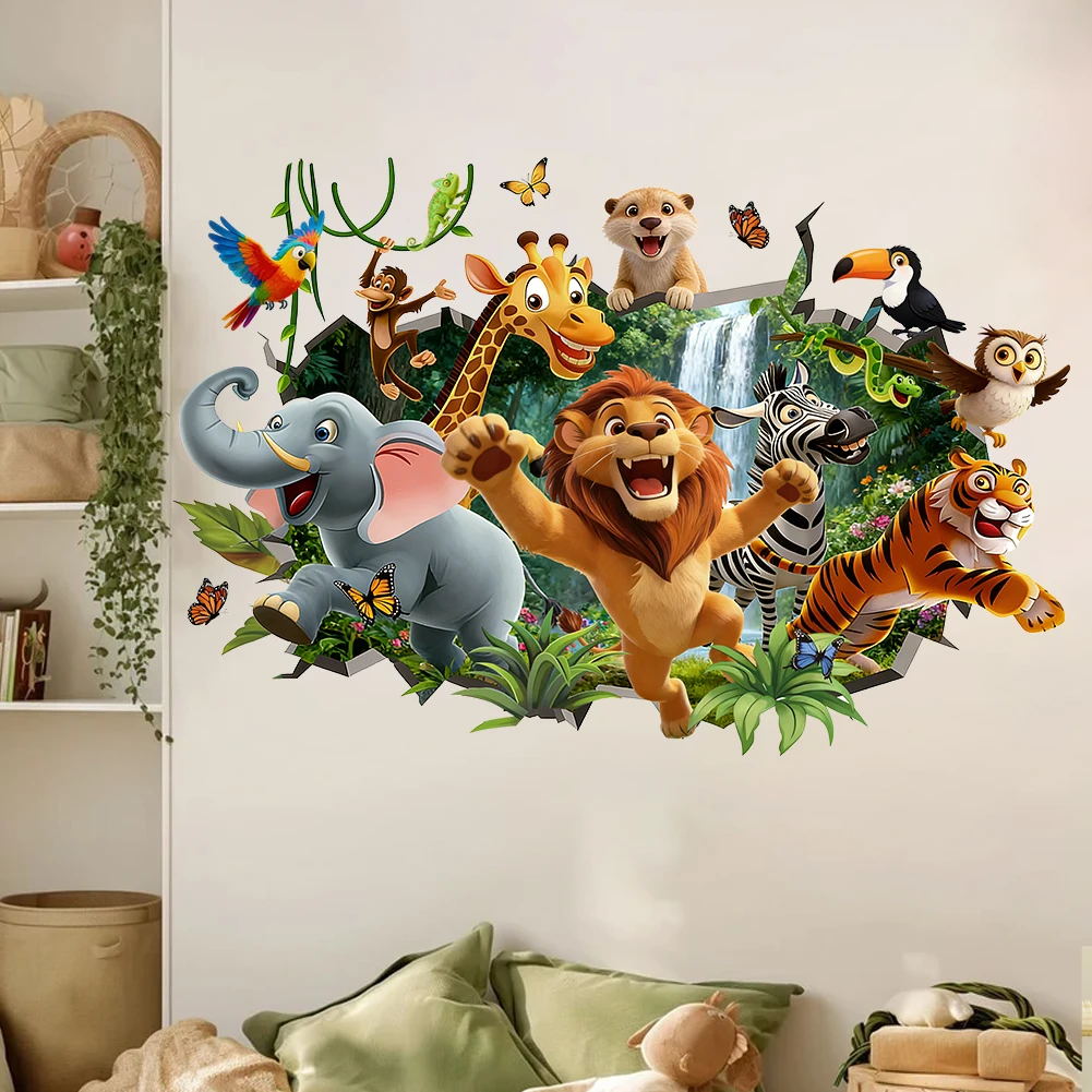 Adesivos de Parede 3D de Animais da Selva para Quarto Infantil, Decoração Safari, Adesivos de Leão e Elefante