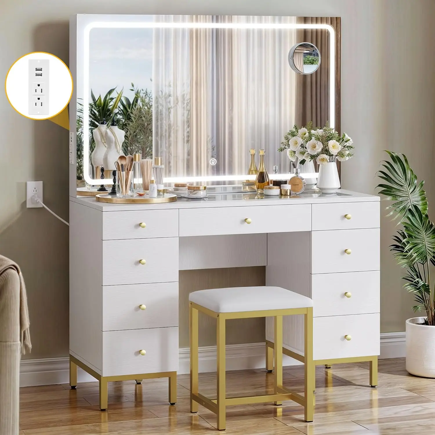 

DWVO Vanity Desk Set with Large LED Lighted and Mirror & Power Outlet, Glass Top Vanity with Adjustable 3 Color Lighting Modes