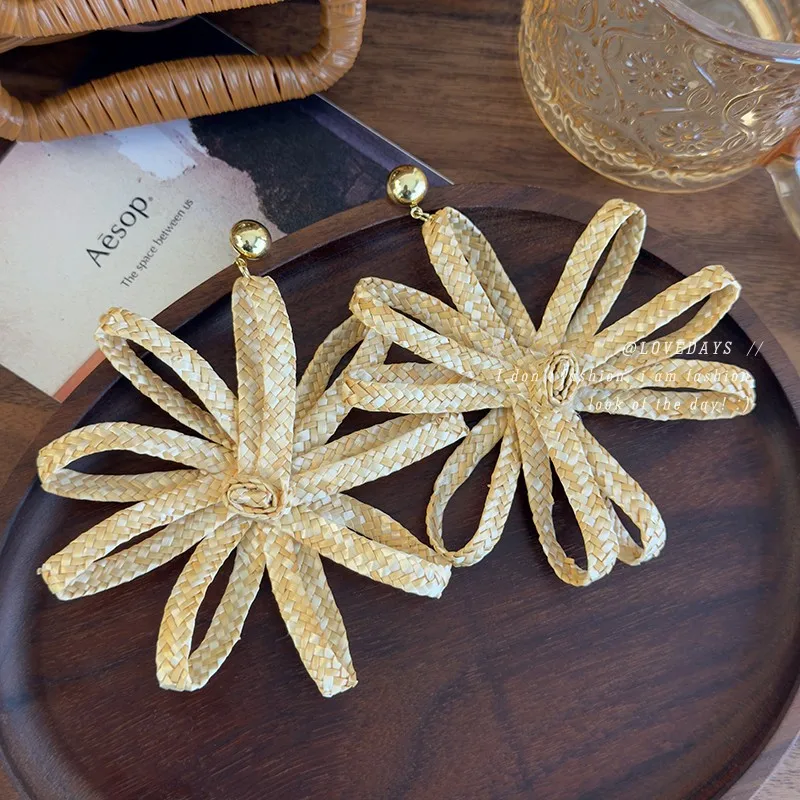 Earrings Woven Hollow Oversized Flower Boho Summer Beach Vacation Unique Lightweight Comfortable Natural Photo Accessory Women