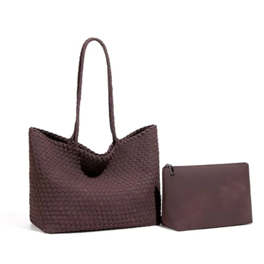 

Woven Suede Shoulder Bag Tote Set for Women Handwoven Suede Tote with Matching Pouch Casual Soft Woven Handbag