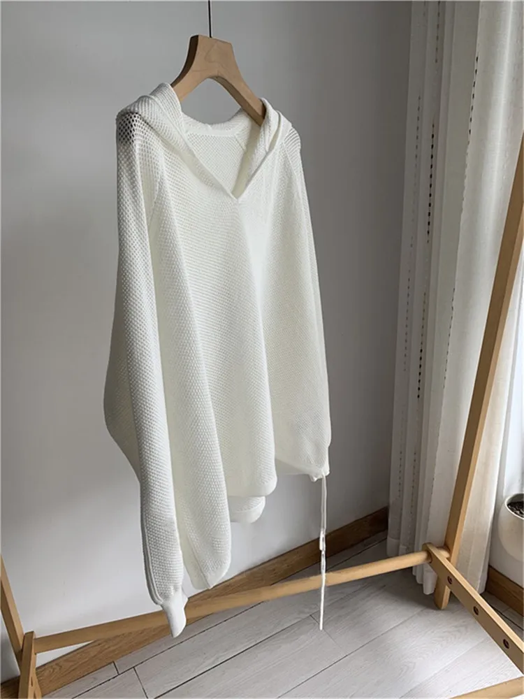 Jersey holgado con capucha para mujer, prenda de punto de manga larga, color blanco, estilo perezoso, para primavera y verano