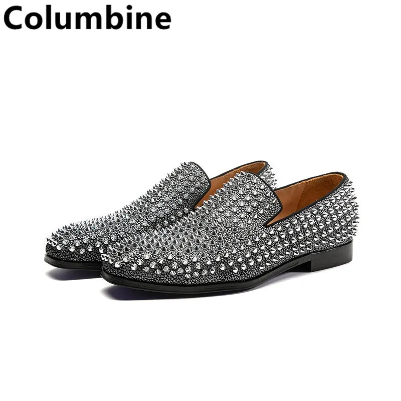 

Newest Fashion Men Handmade Studs Spike Shoes Black Glitter Loafers Shoes Runway Shining Rivets Party Wedding Shoes Silver