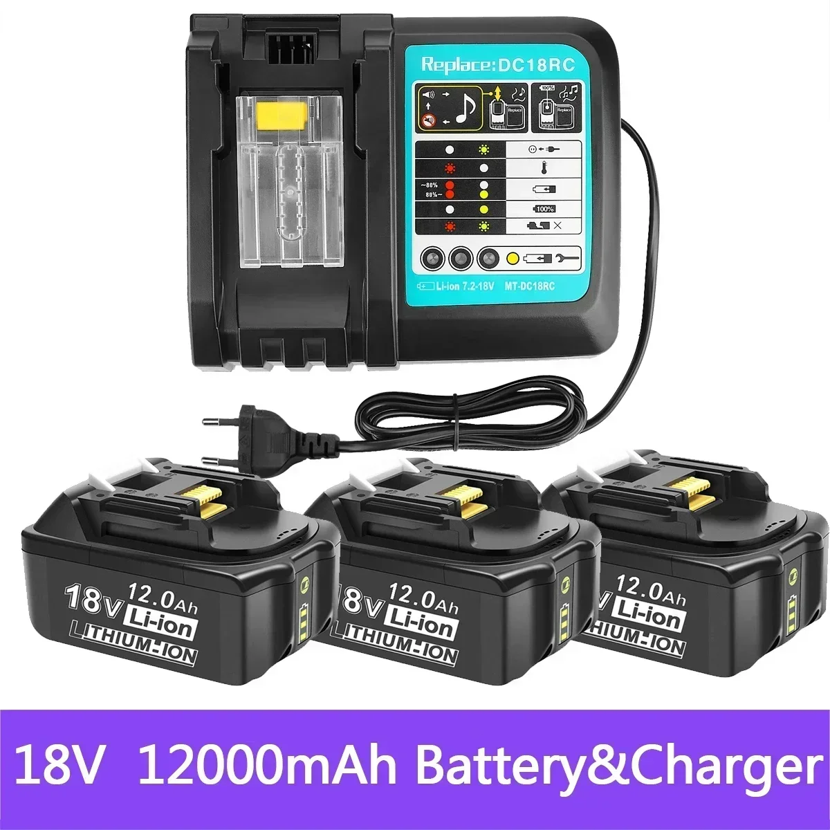 

For Makita 18V 12000mAh Rechargeable Power Tools Battery with LED Li-ion Replacement LXT BL1860B BL1860 BL1850+3A Charger