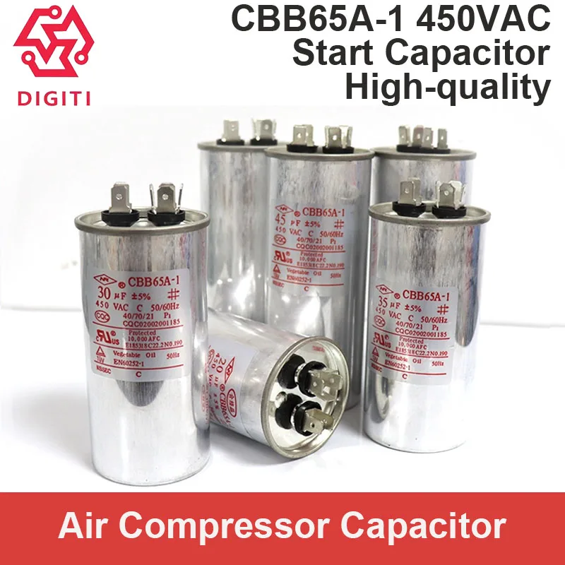 CBB65/CBB65A/CBB65A-1 Пусковой конденсатор воздушного компрессора переменного тока 450 В 8 мкФ/10 мкФ/12 мкФ/15 мкФ/20 мкФ/25 мкФ/30 мкФ/35 мкФ/40 мкФ/45 мкФ/50 мкФ/55 мкФ/60 мкФ/70 мкФ