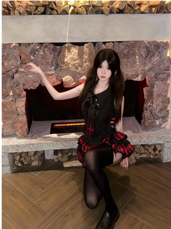 Gothic Sle loween Outfit Cross Svel Top And Puffy Cake Skirt Two Piece Set ort Length Buttoning Adult Women's Fa...