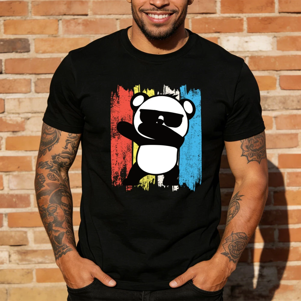 Men Crew Neck Cotton Tshirt Vintage Distressed Vertical Color Stroke Dab Panda Graphic Street Daily Casual Tees