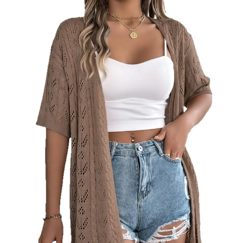 

2026 Hollow Short Sleeve Knitted Cardigan Vacation Women's Buttonless Top