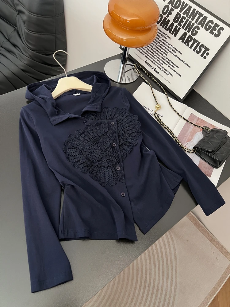 

plus Size Indigo Hooded Pure Cotton Long Sve T-irt Women's Base Layer Top Slimming Hoodie Spring Faion Commute Sle