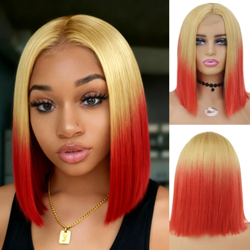 

Синтетические волосы Ombre Red Bob Парики Короткий прямой парик фронта шнурка для женщин Термостойкий парик от блондинки до красного Хэллоуин Косплей