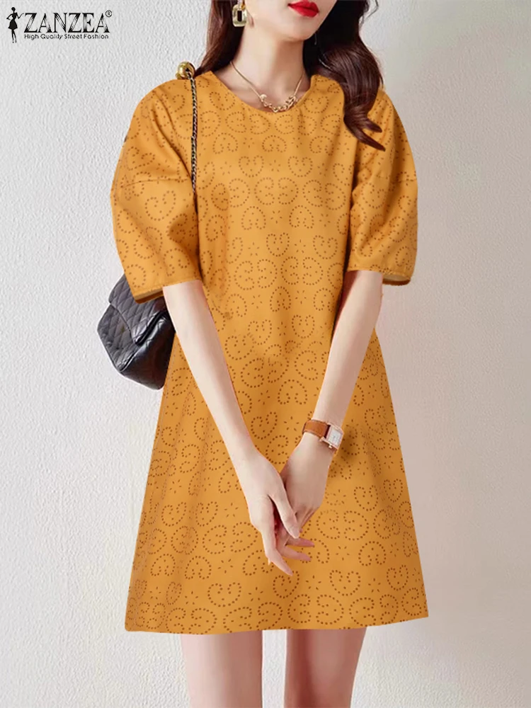 

ZANZEA Elegant Short Puff Sleeve Mini Dress Women All-Over Printing 2025 Summer Casual Short Vestidos Vacation Party Robe Femme