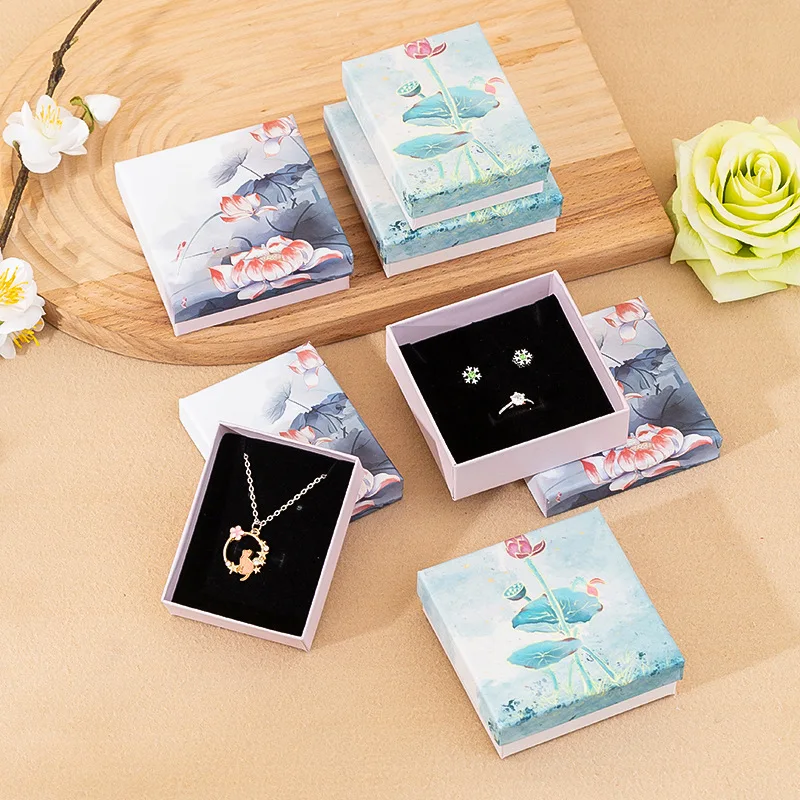 12pcs Chinoiserie Lotus Gift Box Jewelry Necklace Earrings Display For Wedding Valentine's Day Favors Packaging Case