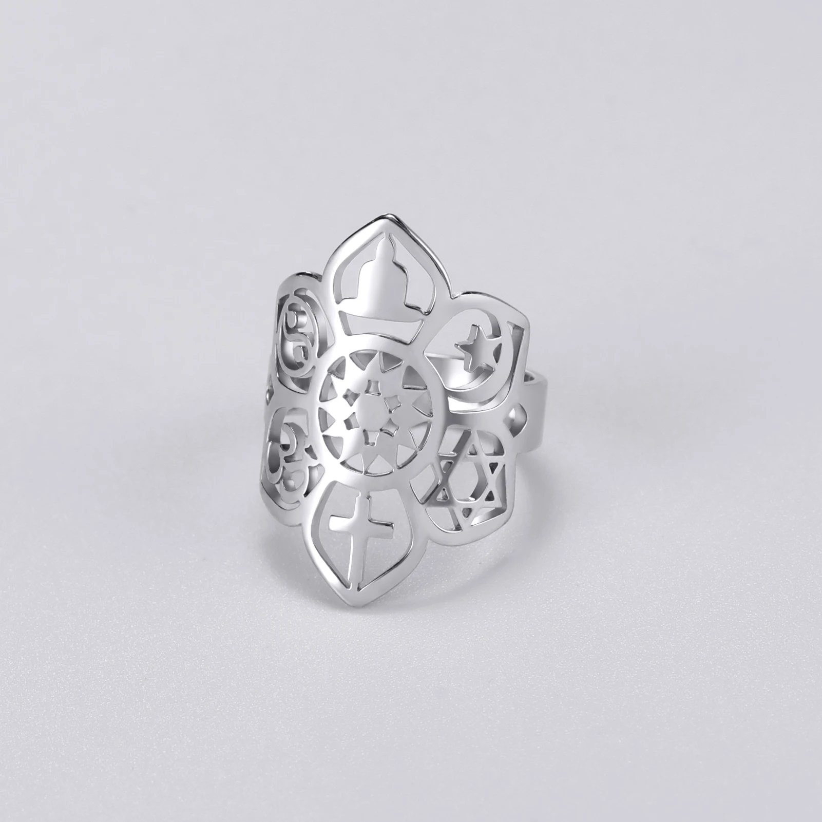 LIKGREAT Stainless Steel Lotus Flower Ring Moon Star Yoga Cross Star of David YinYang Symbol Rings Spiritual Amulet Jewelry