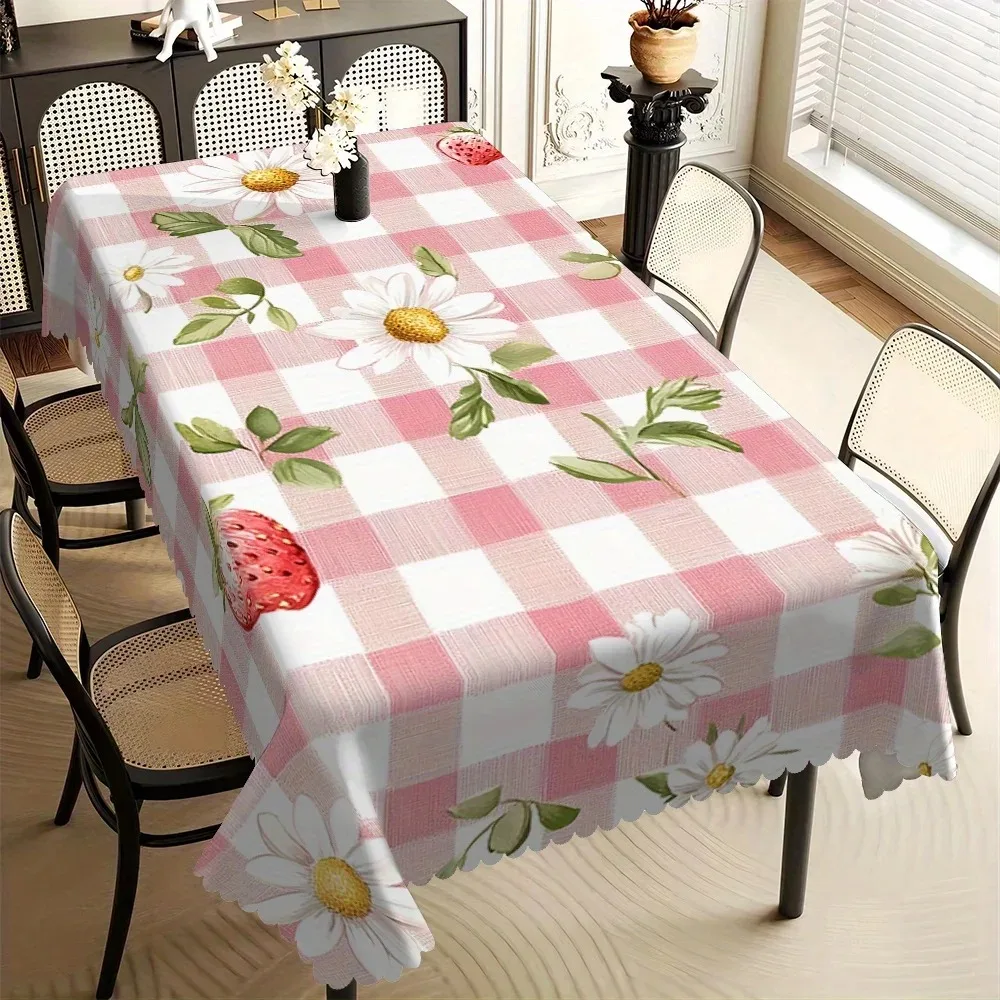 

Pink Gingham Waterproof Polyester Tablecloth 2D Flat Printed Strawberry Daisy Table Cover For Kitchen Dining Room Home Decor