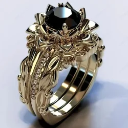 European and American fashion creative rose shape black zircon inlaid personalized luxury women's three-piece ring